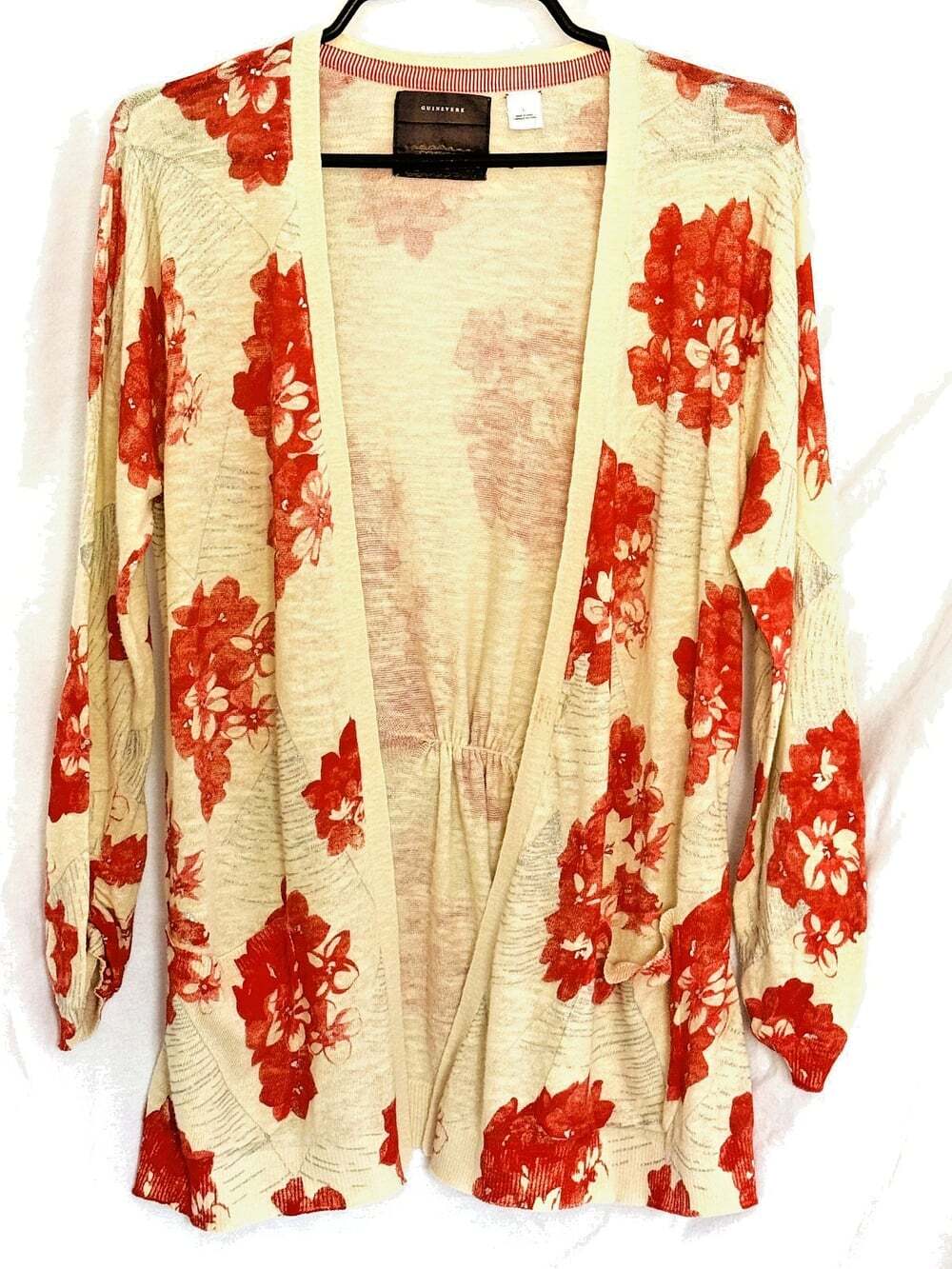 Anthropologie Red Floral Knit Cardigan, Cotton knit, Cream and Red, Large